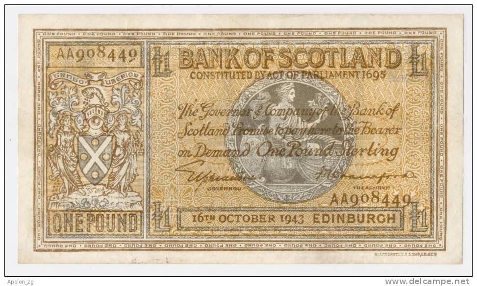 SCOTLAND:  1 Pound 16.10.1943 AU *P-91c  *BANK OF SCOTLAND*   RARE BANKNOTE! - 1 Pound