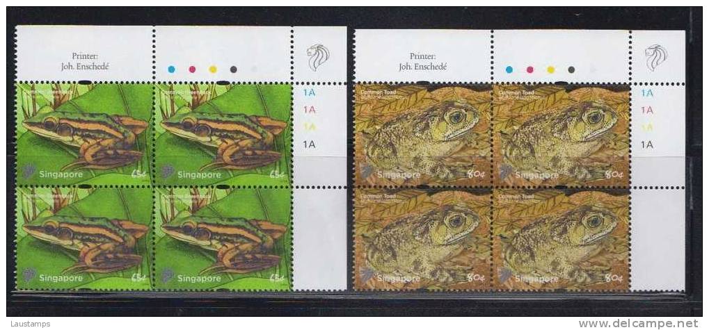 Singapore 2011 Pond Life Definitives, Frogs Blk Of 4 MNH - Rane