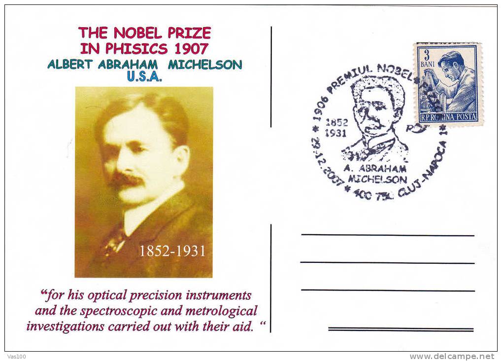 Prix Nobel Physique 1907,Albert A. Michelson:oblit.+c.p. Commemorative – Physics Metrological Investigations Carried Out - Physik