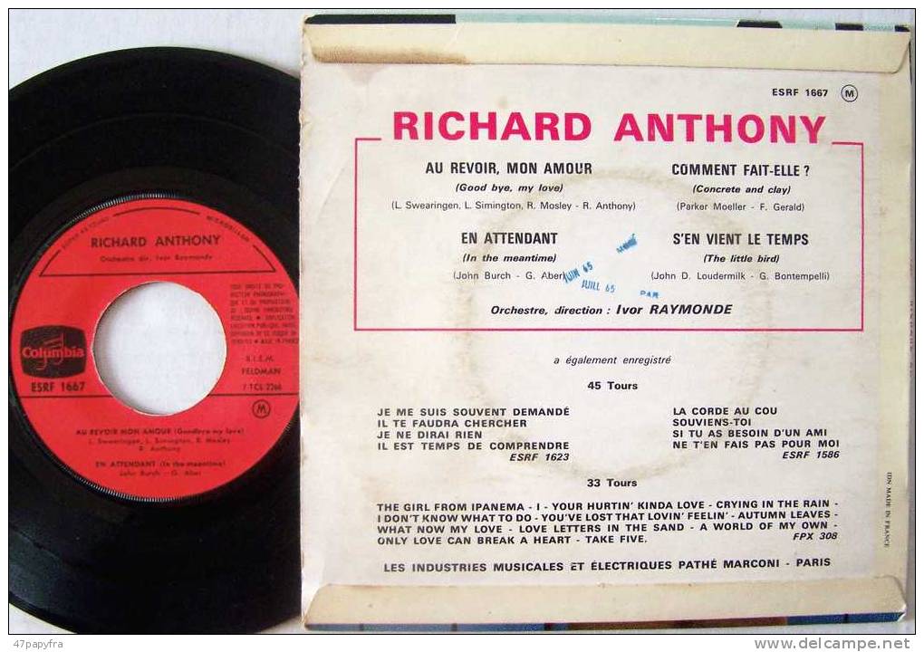 Richard ANTHONY 45T VINYLE EP BIEM ORIGINAL  En Bon état Au Revoir Mon Amour... - New Age