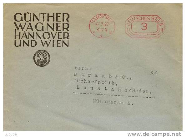 Motiv Brief  "Günther Wagner, Hannover + Wien"  (Freistempel)      1927 - Macchine Per Obliterare (EMA)