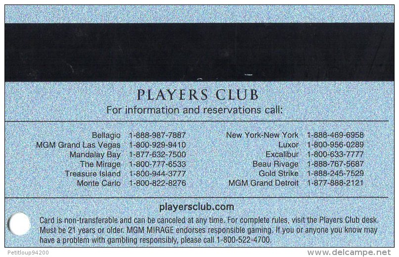 CARTE DE CASIN0  ETATS-UNIS  MGM MIRAGE Playeurs Club - Autres & Non Classés