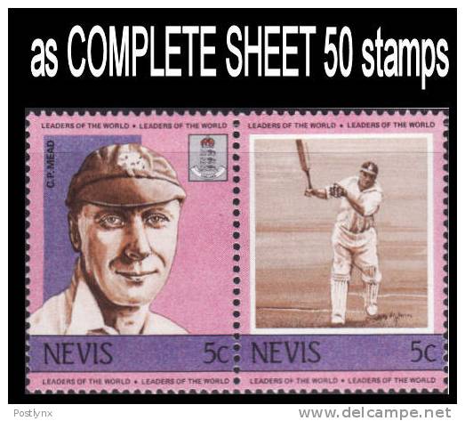 CV:€13.00 NBULK:2 X Evis 1984 1st Serie Cricket 5c C. P. Mead Se-tenant COMPLETE SHEET 50 Stamps [feuilles, Ganze  Bogen - Cricket