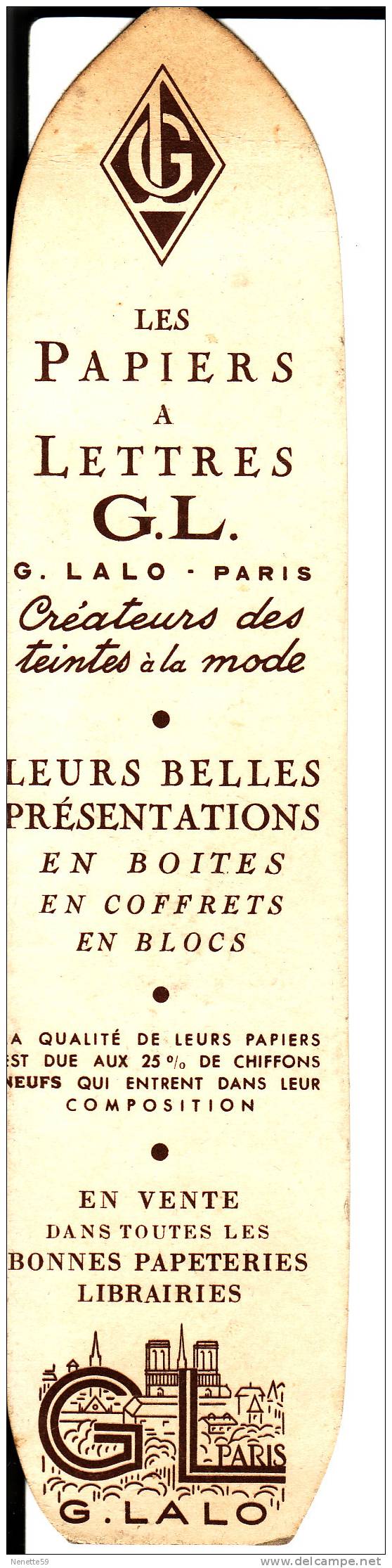 MARQUE - PAGES - SIGNET : Les Papiers à Lettres G . LALO Paris N° 1 - Marque-Pages