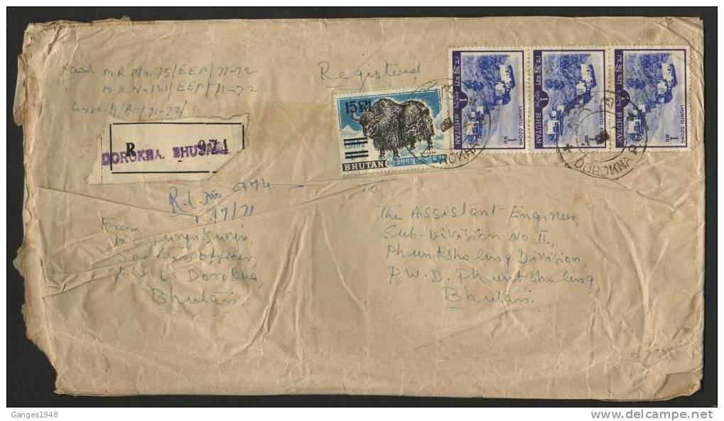 Bhutan 1971   1.30 Nu Yak Stamp Overprinted 15ch  On Local Registered Cover #20255d - Bhutan