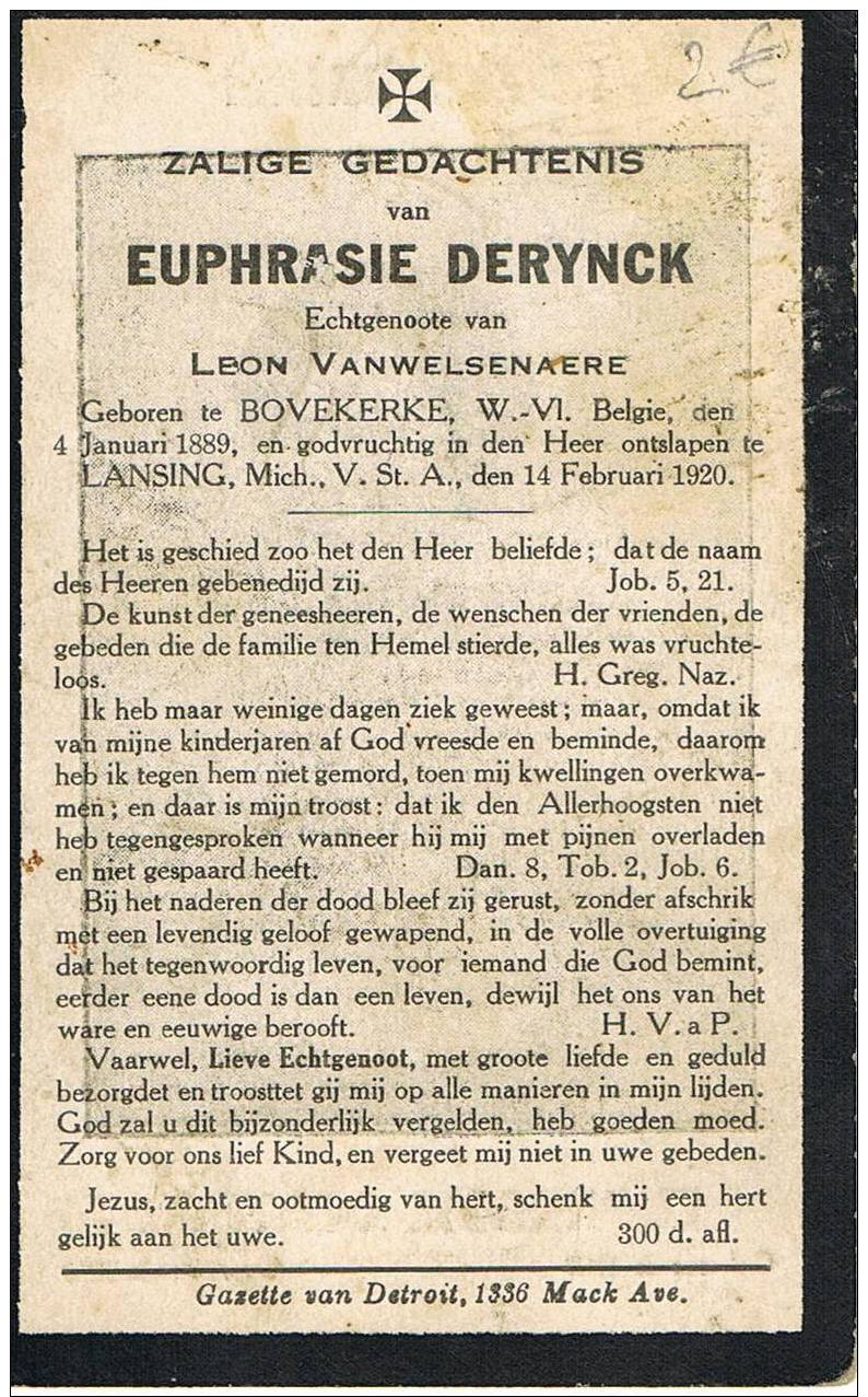 Doodsprentje  Euphrasie  DERYNCK   BOVEKERKE 1889   USA 1920 - Religion & Esotérisme