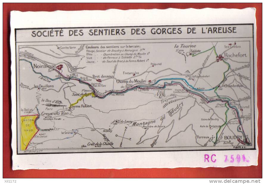 L487 Carte Des Sentiers Des Gorges De L'Areuse, Neuchâtel.Mention 27 Juillet 1952.Format Carte Postale - Cartes Topographiques