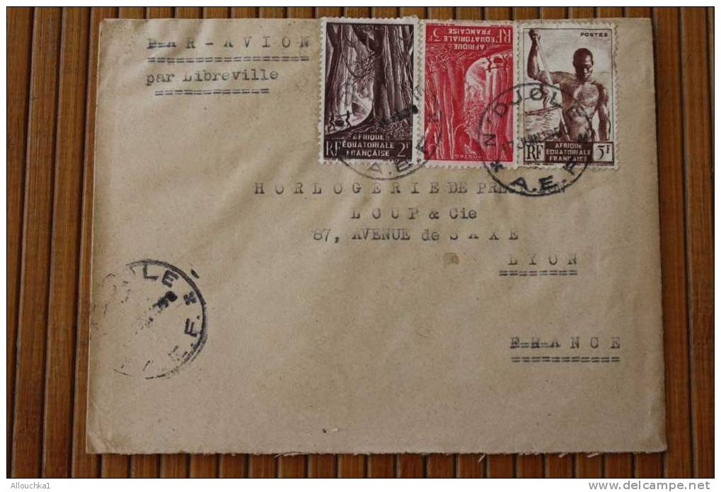 N'JOLE > LIBREVILLE   A.E.F. AFRIQUE EQUATORIALE  FRANCAISE  EX COLONIE 1950 LETTRE  >MARCOPHILIE P/ HORLOGERIE LYON - Lettres & Documents