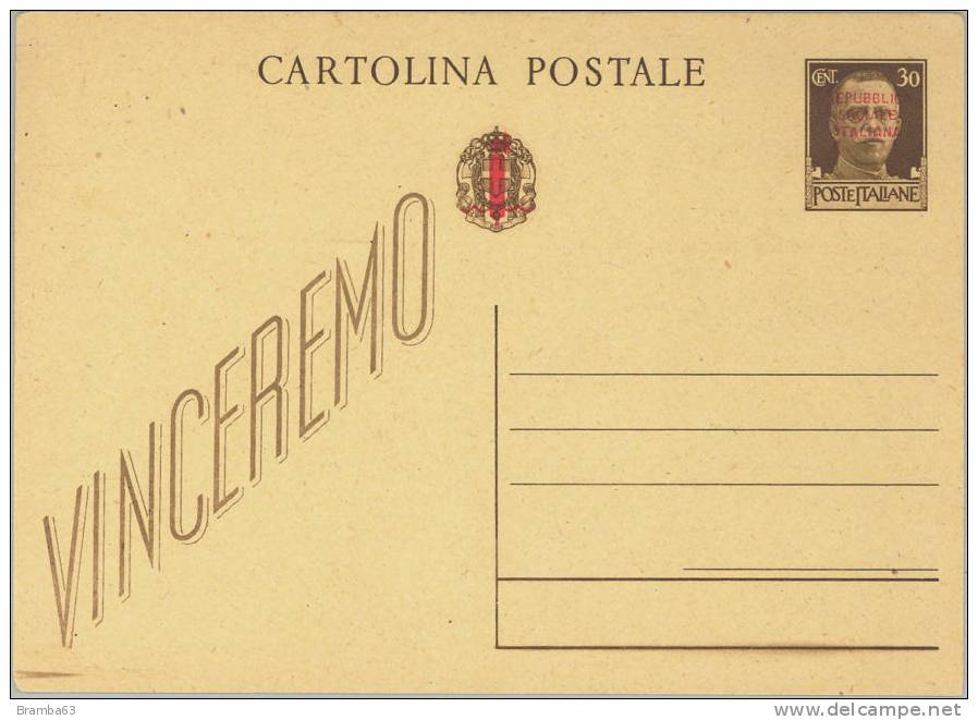 1944 C. 30 Fascetto VINCEREMO Soprascritto Rosso - Cartolina Postale Nuova - Stamped Stationery