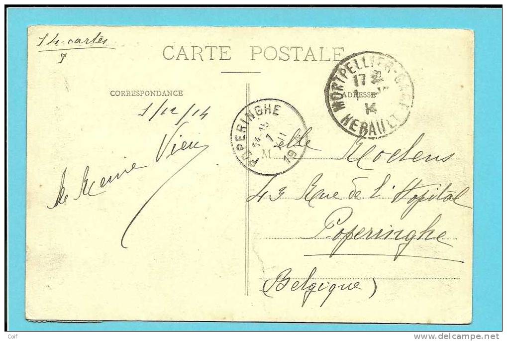 Kaart Vanuit MONTPELLIER (France) Met Als Aankomst Cirkelsrempel (klein Type)! POPERINGHE Op 7/12/1914 (onbezet Belgie) - Niet-bezet Gebied