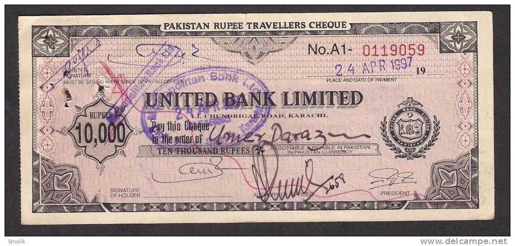 Rs.10,000 Travellers Cheque United Bank Limited Pakistan 0119059 - Banca & Assicurazione
