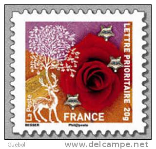 France Autoadhésif ** N°  498 - Voeux 2011 -  Rose Rouge & Renne Avec Feuillage - Unused Stamps