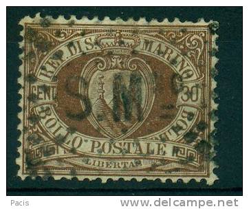 SAN MARINO 1877 CIFRA O STEMMA  30 C. BRUNO USATO CENTRATISSIMO - Used Stamps