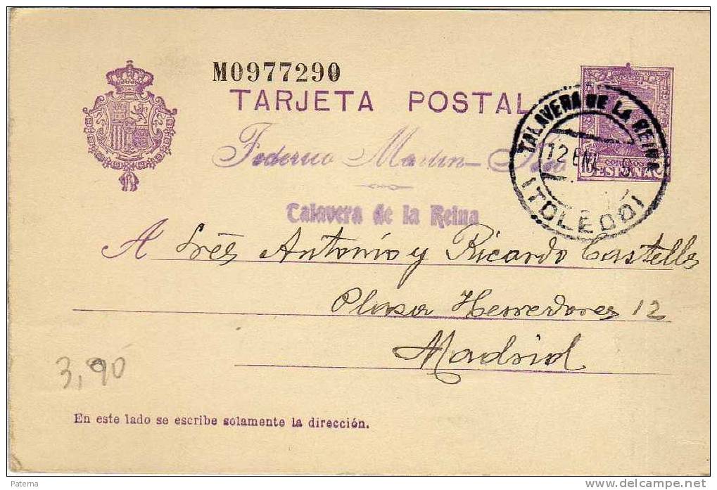 3554   Entero Postal,  Talavera De La Reina, 1928  Toledo  ,Alfonso Xlll, , Entier Postal - 1850-1931