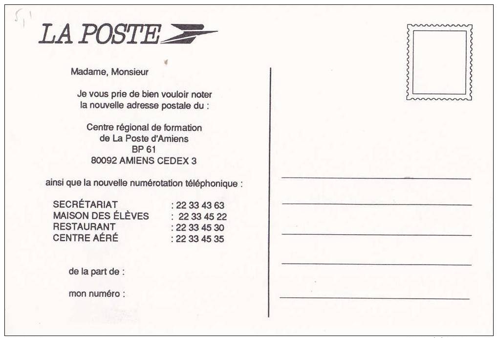 AMIENS CENTRE REGIONAL DE FORMATION LA POSTE CHANGEMENT D' ADRESSE    2 SCAN - Amiens