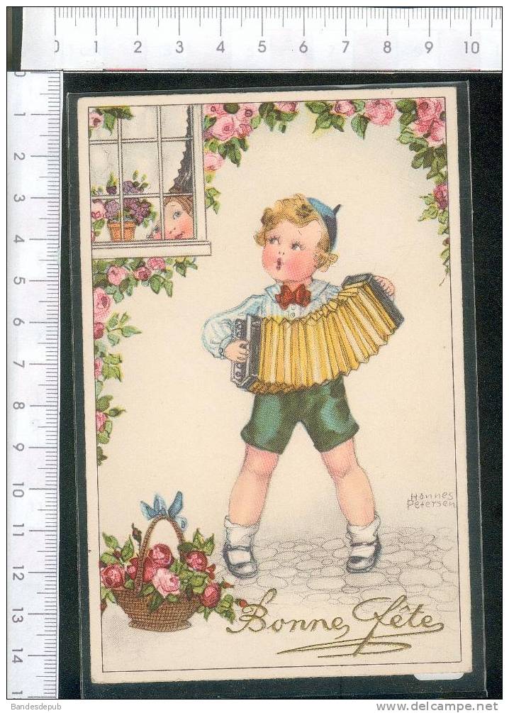 Jolie Carte Signée Petersen  Enfant Accordéon  Bandonéon Bonne Fêtefenêtre - Petersen, Hannes