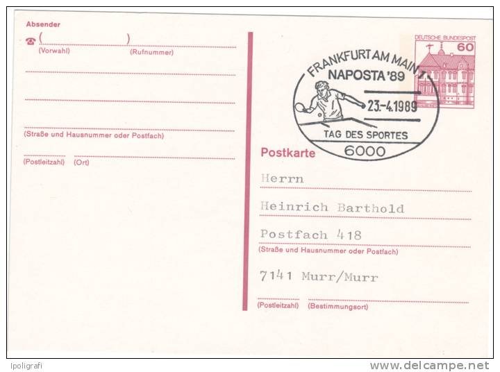 Germany - 1989 - Special Cancellation - Frankfurt A.M. NAPOSTA 89 - Table Tennis - 23-4-89 Circulated - Tennis De Table