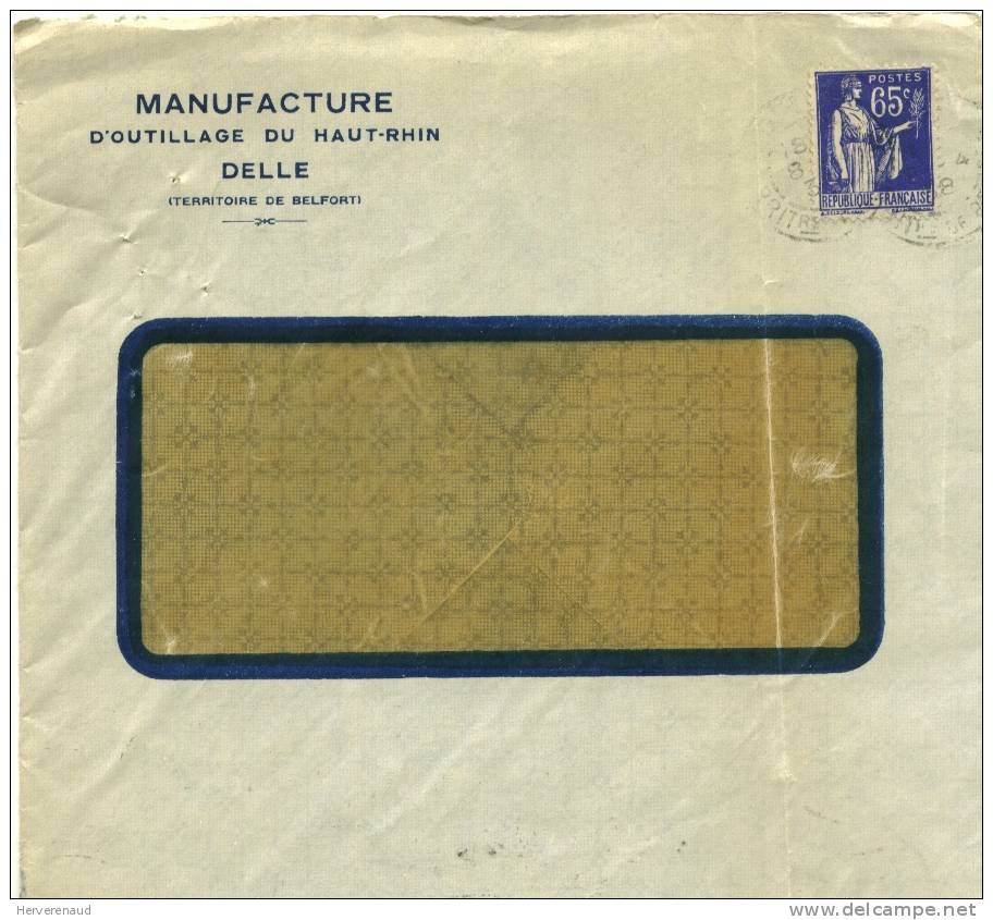 Paix N°365 Sur Lettre "manufacture De Delle", Pour Chalon-sur-Saône - 1932-39 Vrede