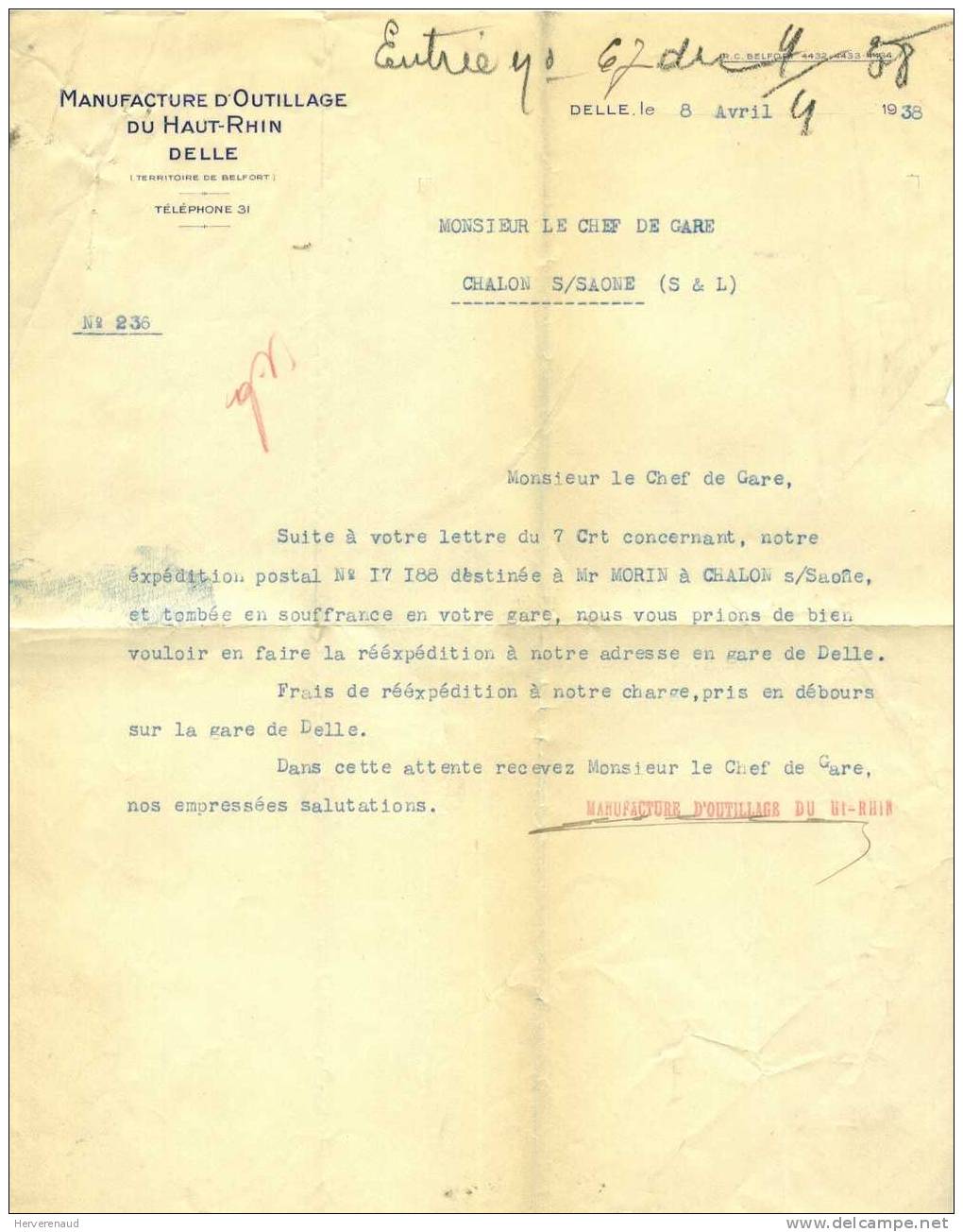 Paix N°365 Sur Lettre "manufacture De Delle", Pour Chalon-sur-Saône - 1932-39 Vrede