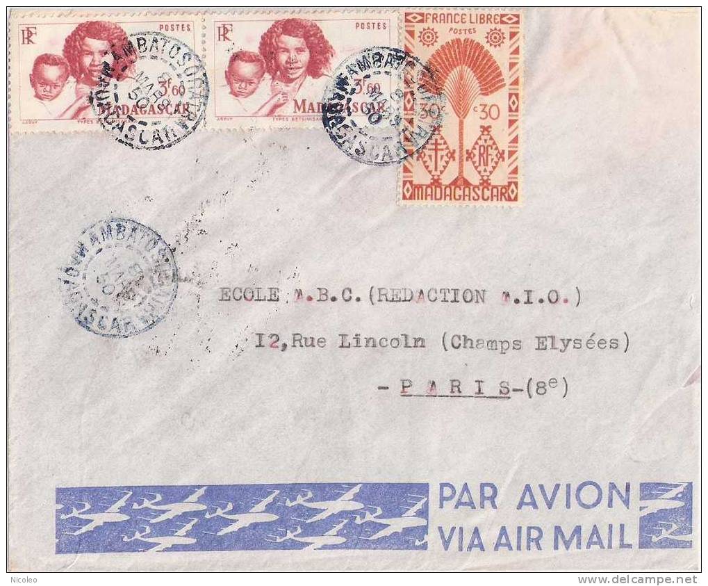 Madagascar Yvert 268 Et 311 (x2) Sur Lettre Ambatosoratra 1950 Pour Paris - 311 (3F60) RR Sur Lettre - Tarif De 7F50 - Covers & Documents