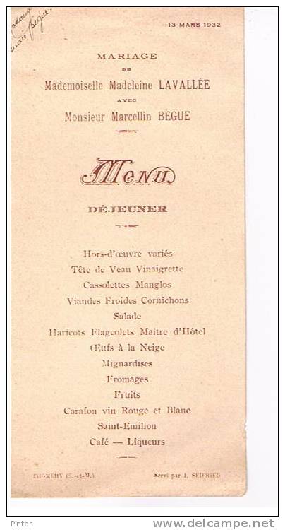 THOMERY - Menu - Servie Par J. SEIFRIED - Menus