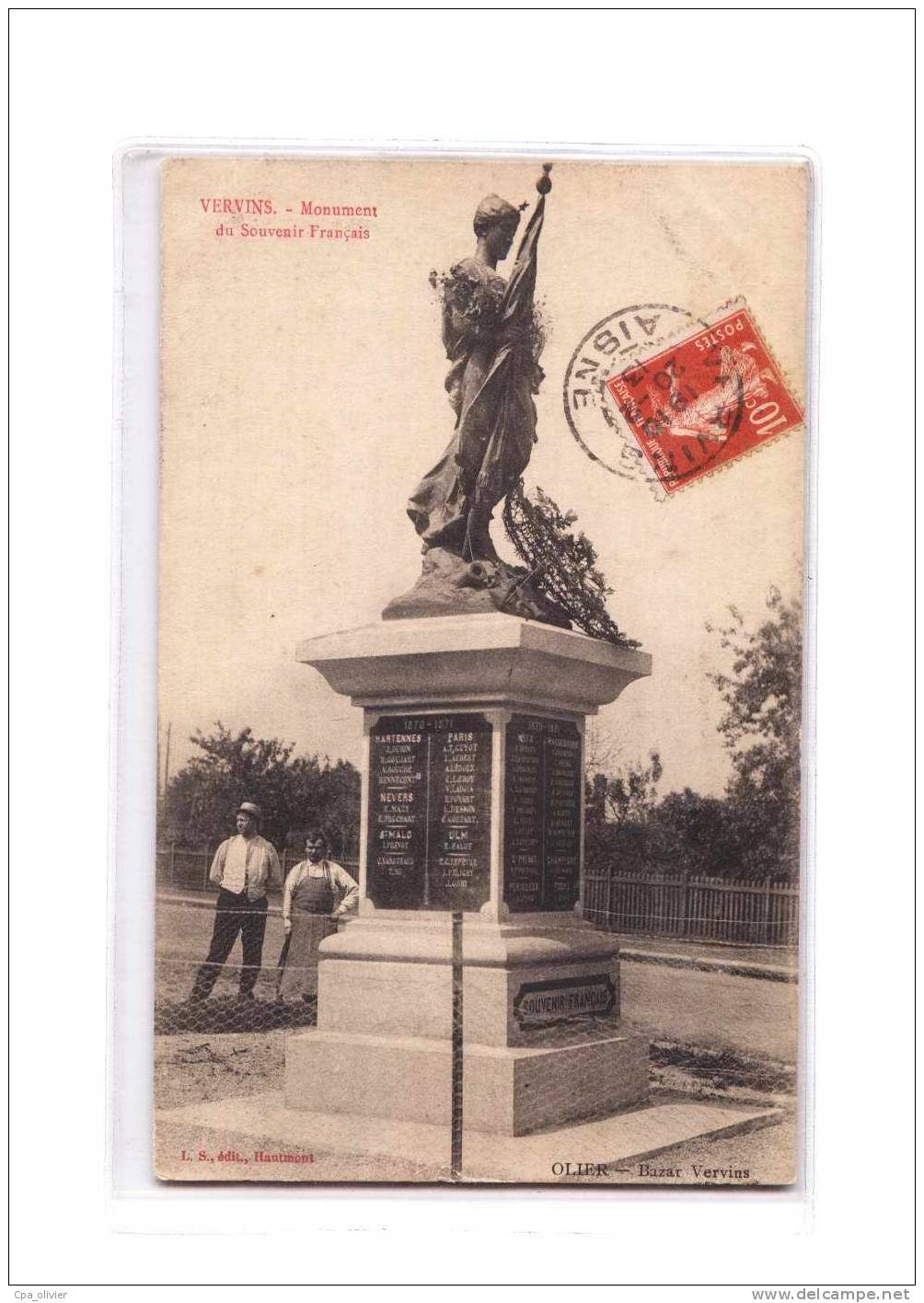 02 VERVINS Monument Aux Morts, Guerre 1870, Souvenir Francais, Animée, Ed LS, 1913 - Vervins