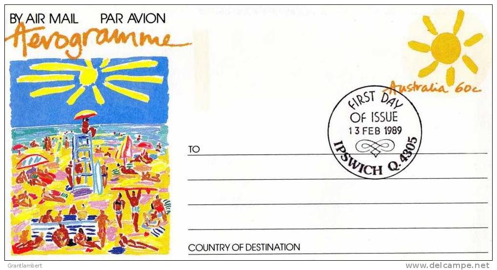 Australia 1989 Aerogramme 60c Sun & Beach First Day Of Issue - Aérogrammes