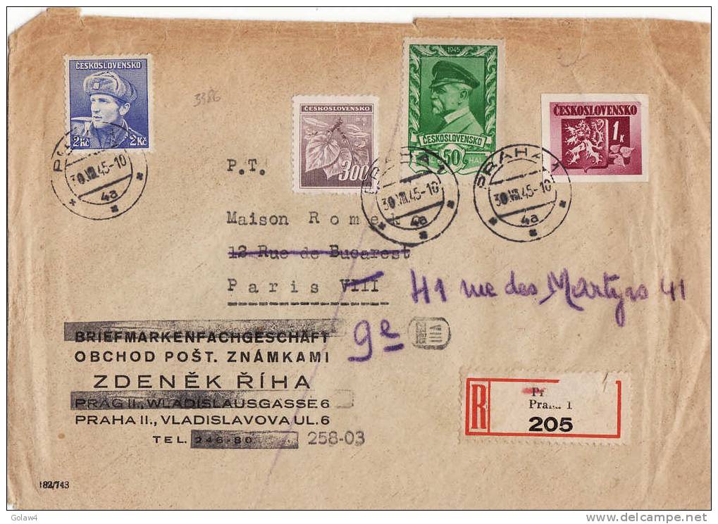 3386# TCHECOSLOVAQUIE LETTRE RECOMMANDEE Obl PRAGUE PRAHA CESKOSLOVENSKO 1945 Pour PARIS COVER - Cartas & Documentos