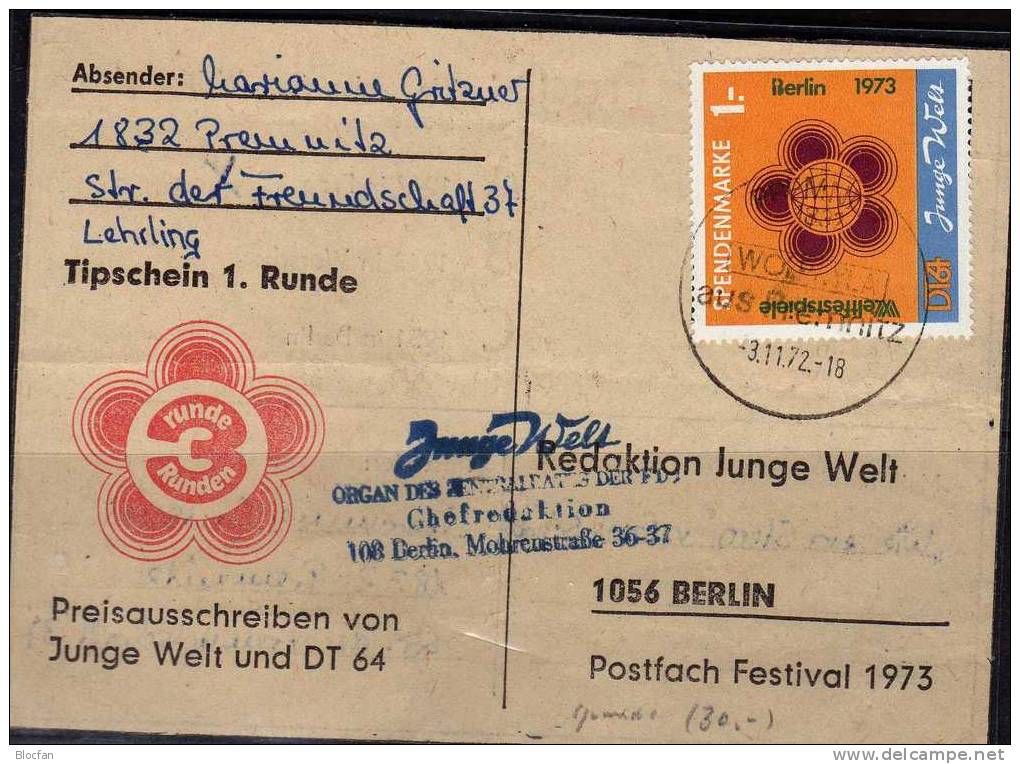 Weltfestspiele Berlin Sonderwert 1973 DDR Spenden-Marke Michel #1 O 90€ Offizielle Postkarte Mit DV 1.Runde Orange Rar - Sonstige & Ohne Zuordnung