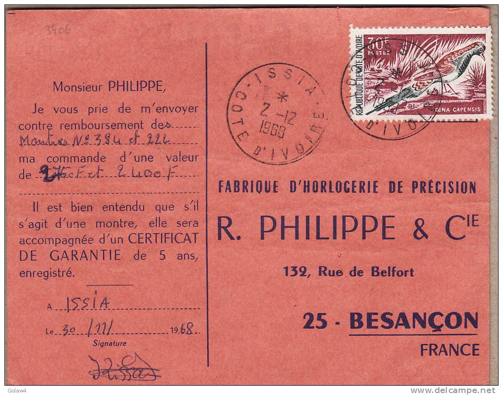 3406# COTE D´ IVOIRE CARTE POSTALE CENA CAPENSIS Obl ISSIA 1968 Pour BESANCON DOUBS Cover - Côte D'Ivoire (1960-...)