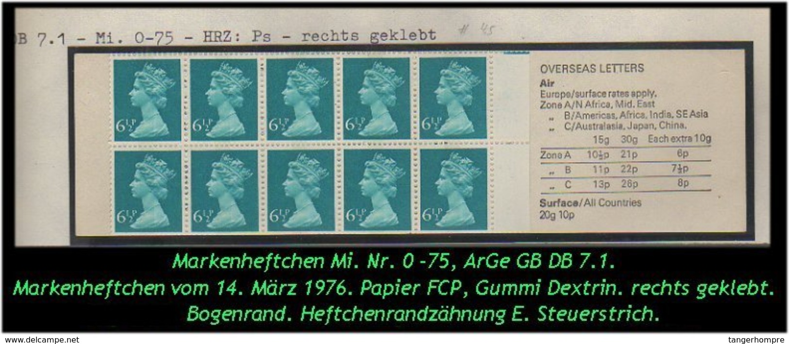 Grossbritannien – März 1976, 65 P. Markenheftchen Mi. Nr. 0-75, Rechts Geklebt. - Postzegelboekjes