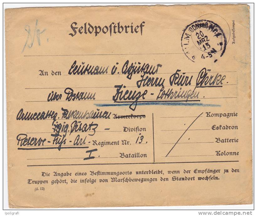 Germany - 1915 - Feldpostbrief - Ulm A. Donau 20-3-15, To Dieuze, Lorraine, German Occupation (Lothringen) - Prima Guerra Mondiale