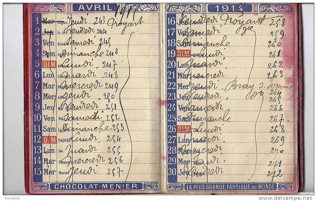 CALENDRIER Agenda CHOCOLAT MENIER De NOISIEL  De 1914 Mini Livre ( Liste Communes , Bray Sur Somme Et Note Divers ) - Tamaño Pequeño : 1901-20
