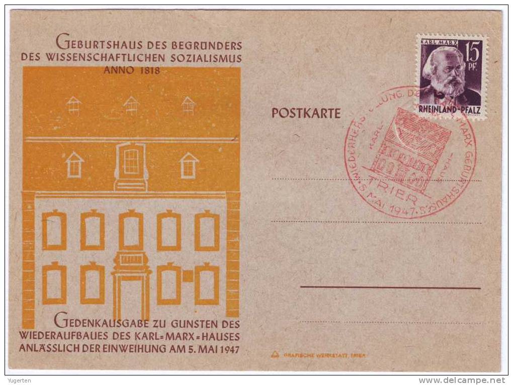 Entier Postal - Rhénanie-Palatinat - Karl Marx  - 5.05.1947 - Variété : Manque Crochet Du K - Cachet TRIER - Oddities On Stamps