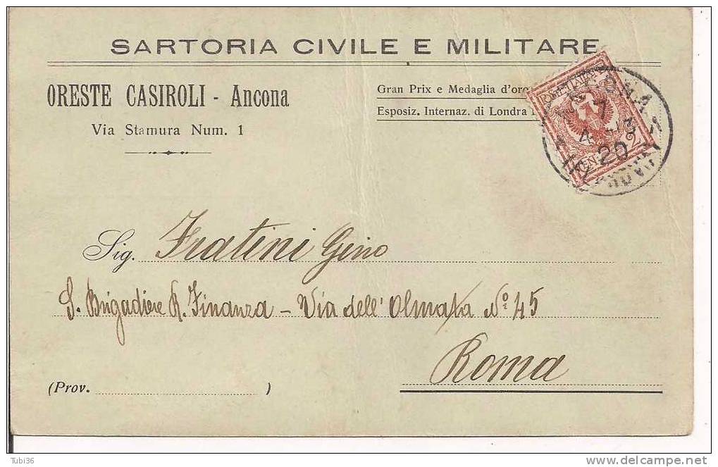 CASIROLI - ANCONA - CARTOLINA COMMERCIALE VIAGGIATA  1913 - PER ROMA - TIMBRO POSTE ANCONA DATARIO DIAMETRO GRANDE - Ancona