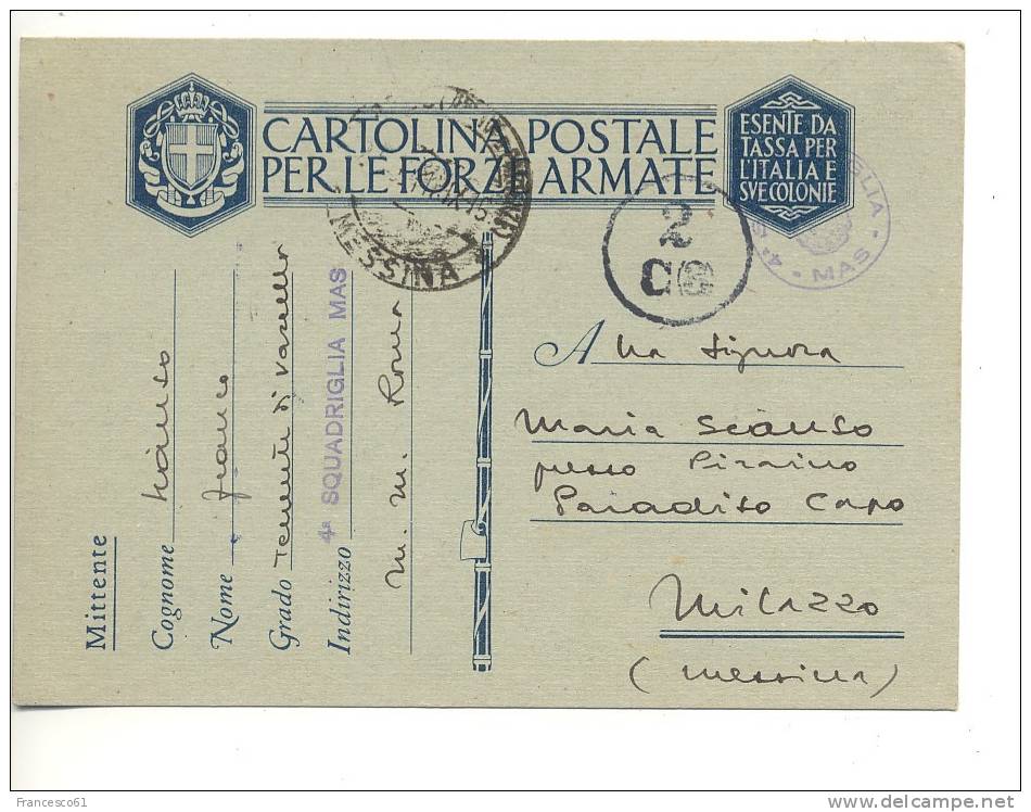 1130$$$ 1941 Franchigia 4^ SQUADRIGLIA MAS - Stamped Stationery