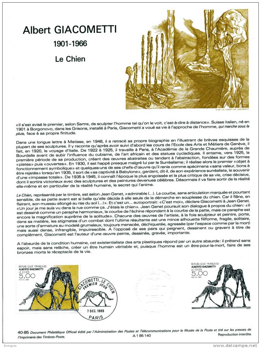 Sculpture, Giacometti , Le Chien,, Culte De La Mort, Document  Philatélique édité Pour Lie Musée De La Poste - Bronzi