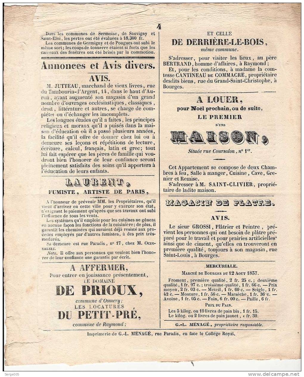 COLLECTION  JOURNAL   LA SENTINELLE     24 MARS 1844 TRES  RARE  No 424   QUI .VIVE ...FRANCE - 1800 - 1849