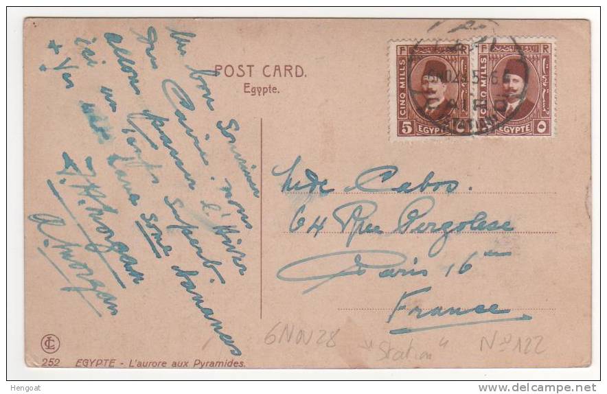 Yvert N° 122 X 2  / Carte Du 6 Nov 1928 Pour La France Cachet " Cairo Station " , 2 Scans - Storia Postale