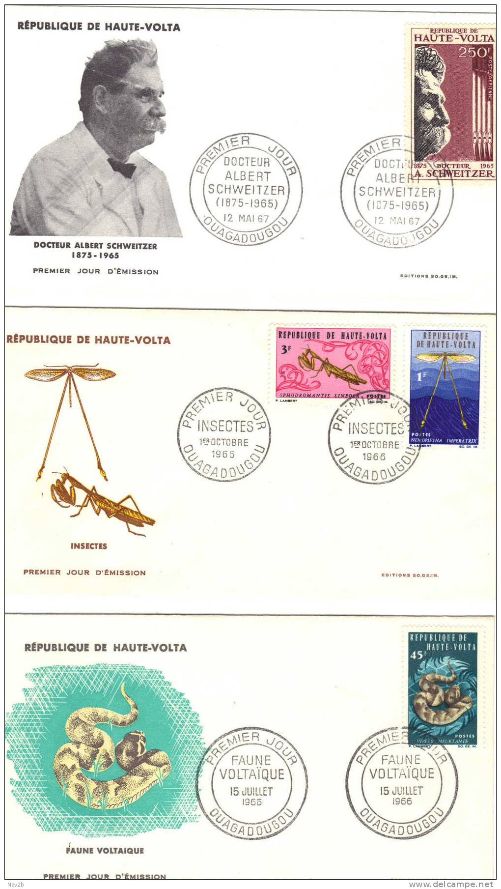 Haute Volta , 3 FDC : A.Schweitzer , Insectes , Faune Voltaïque .1966 Et 1967 - Upper Volta (1958-1984)