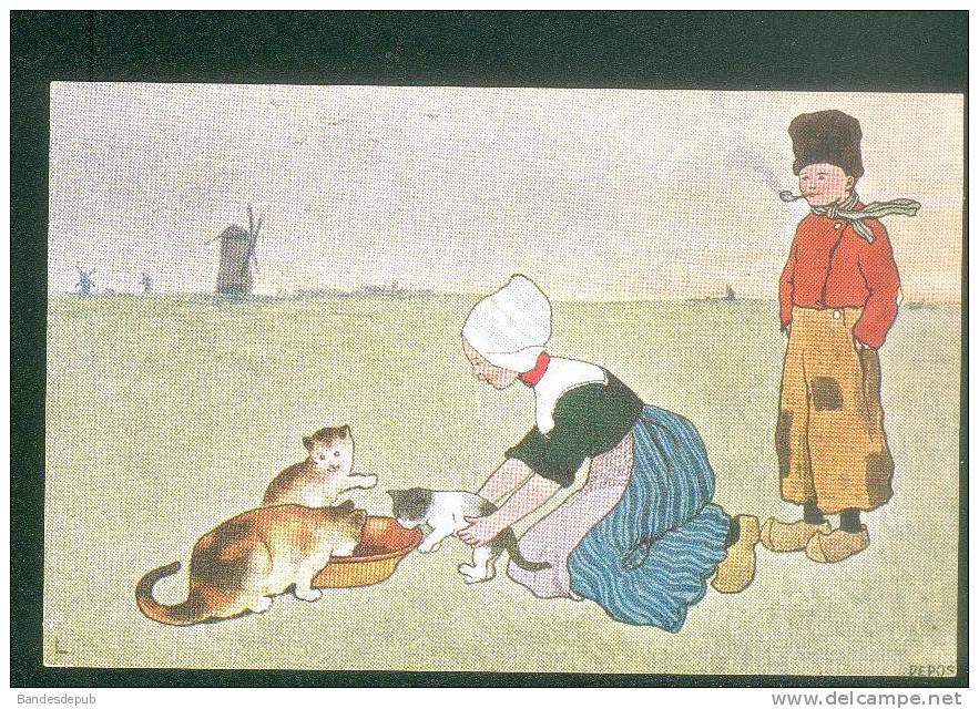 Jolie Carte Illustrée Hollande Enfant Chatte Chaton Chat Cat - Before 1900