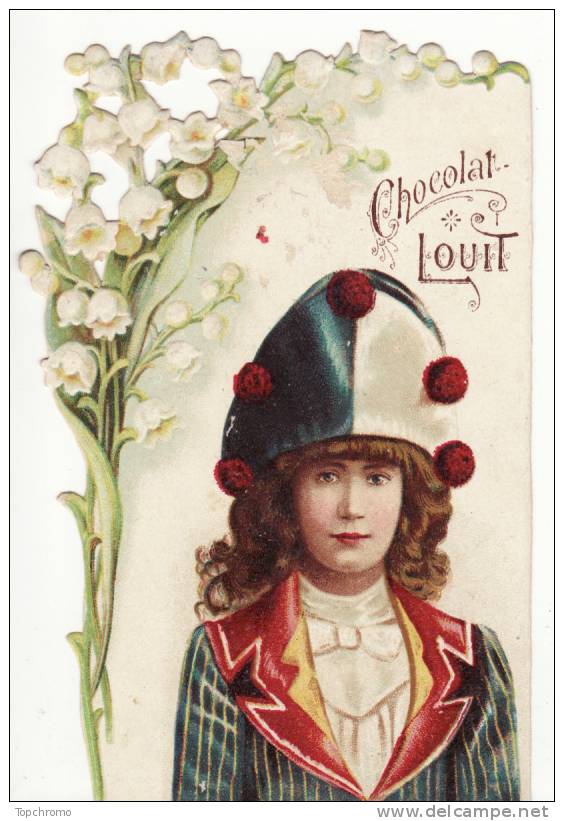 CHROMO Découpis Chocolat Louit Garçon Tenue Incroyable Coiffe Tricolore Buste Fleurs Muguet - Otros & Sin Clasificación