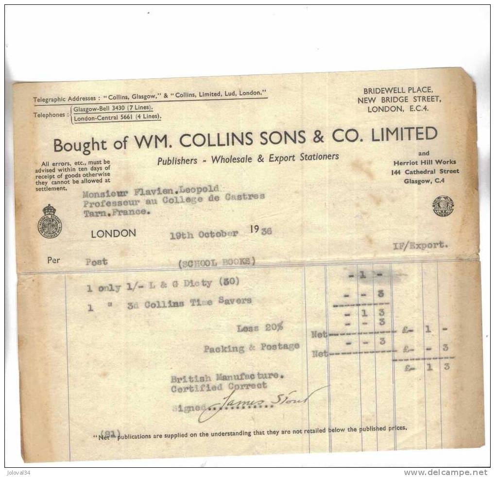 Facture 1936 - Bought Of WM COLLINS SONS & CO LIMITED Glasgow  Londres - Editeur Publisher - Royaume-Uni