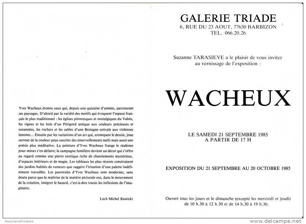 Carte Vernissage Exposition Yves Wacheux. Galerie Triade, Barbizon. 1985 - Expositions