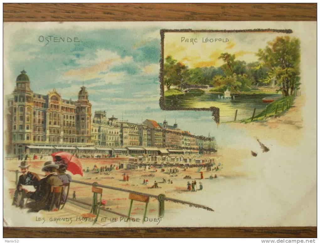 OSTENDE - Les Grands Hôtels Et La Plage Ouest - Parc Léopold. (Carte Pailletée) - Oostende