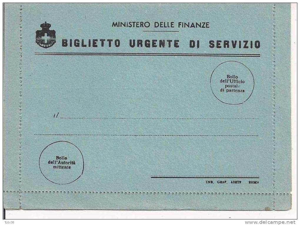 BIGLIETTO URGENTE DI SERVIZIO -MINISTERO DELLE FINANZE - PER SPEDIZIONE IN FRANCHIGIA - NUOVO  PERFETTO - Franchise