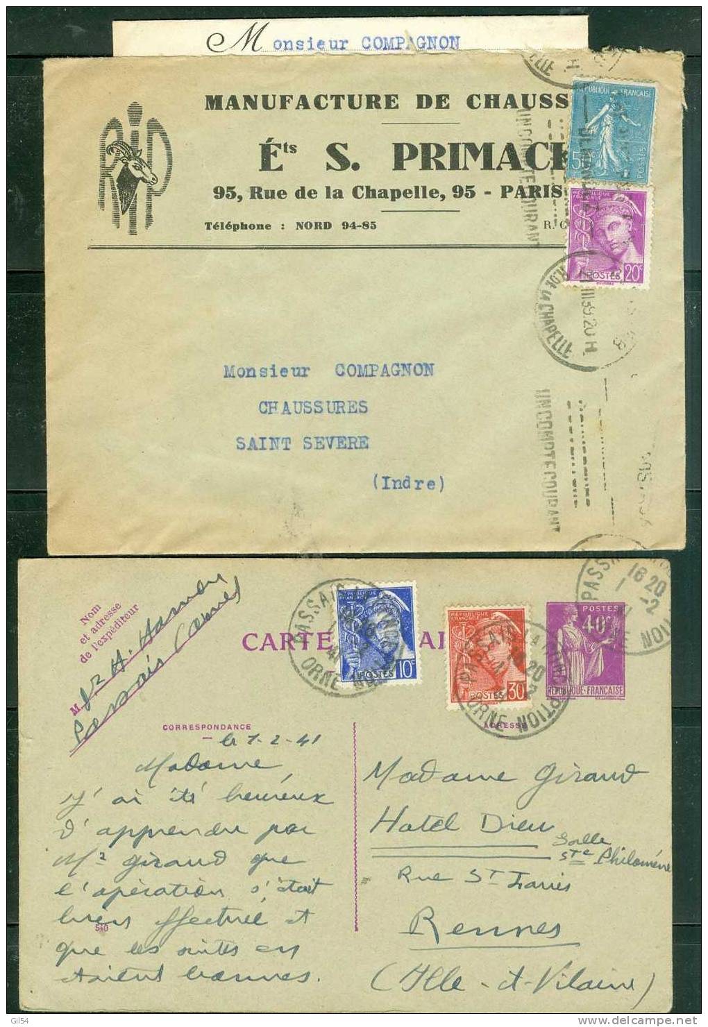 Lot De 8 Lettres Ou Entier Affranchis Par Timbres Type Mercure Seul Ou En Complément  - 8 Scans - LO260 - 1938-42 Mercurius