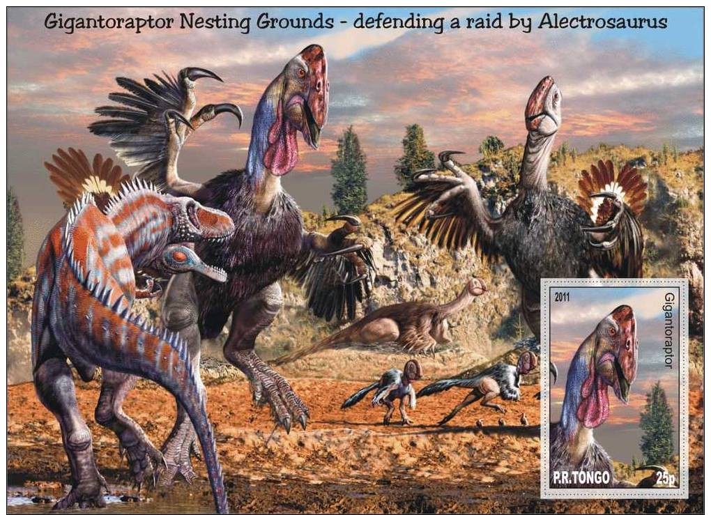 DINOSAURS  Gigantoraptor Alectrosaurus Souvenir Sheet Mnh Imperforated Cinderella - Préhistoriques