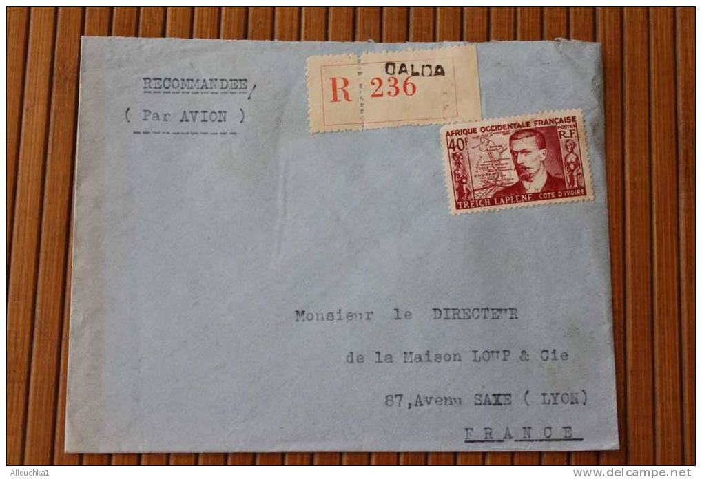 ABIDJAN GALDA  Recommandé COTE D'IVOIRE AFRIQUE OCCIDENTALE FRANCAISE LETTRE>TIMBRE Seul 40F De 1954 PAR AVION AIR MAIL - Covers & Documents