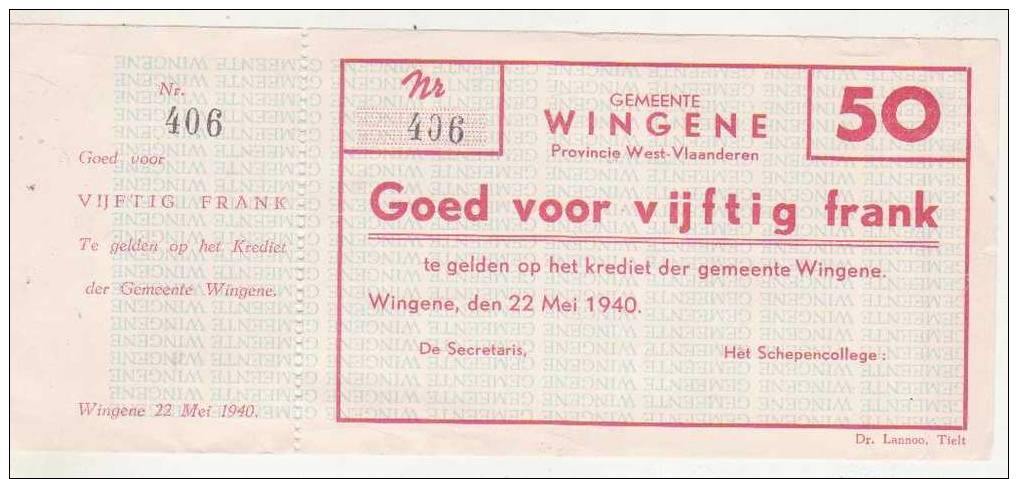 WINGENE - 50 Frank 22 Mai 1940 - Variété Avec Impression Du Fond Renverssée - RARE - Other & Unclassified